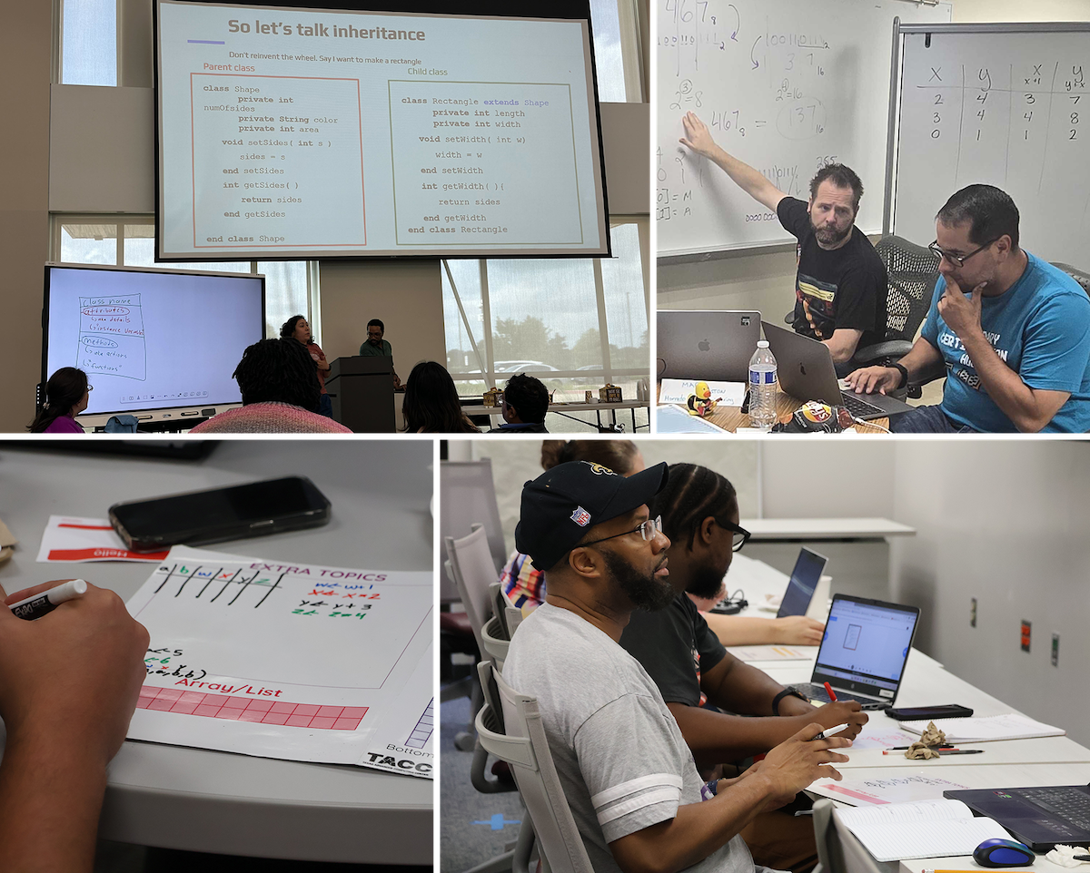A collage of photos shows teachers in a learning environment like a workshop.